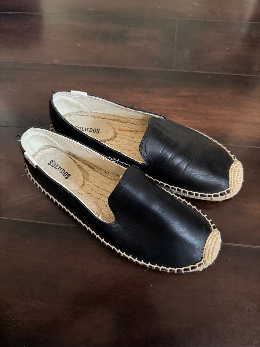 Soludos Black Leather Espadrille Slip-On Flats with Natural Jute Trim Size 9